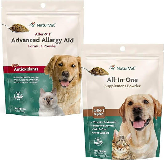 NaturVet Aller-911 Advanced Allergy Aid Formula Powder for Dogs and Cats 9 oz Powder & All-in-One Dog Supplement for Joint Support, Digestion, Skin, Coat Care – Dog Multivitamins – 13-Ounce Powder