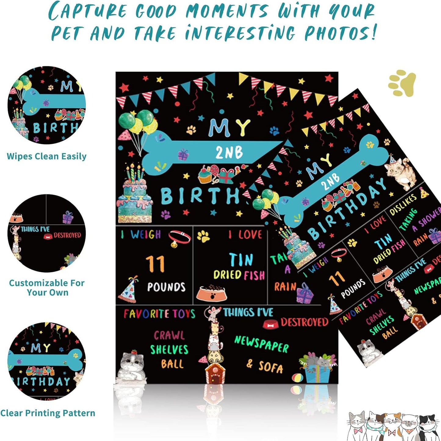 Cat Kitten Birthday Bandanas Cat Birthdays Party Supplies Party Hat Boy with Cat Birthdays Banner Balloons Meow Letter Foil Balloons for Boy Cats Kitten Decorations