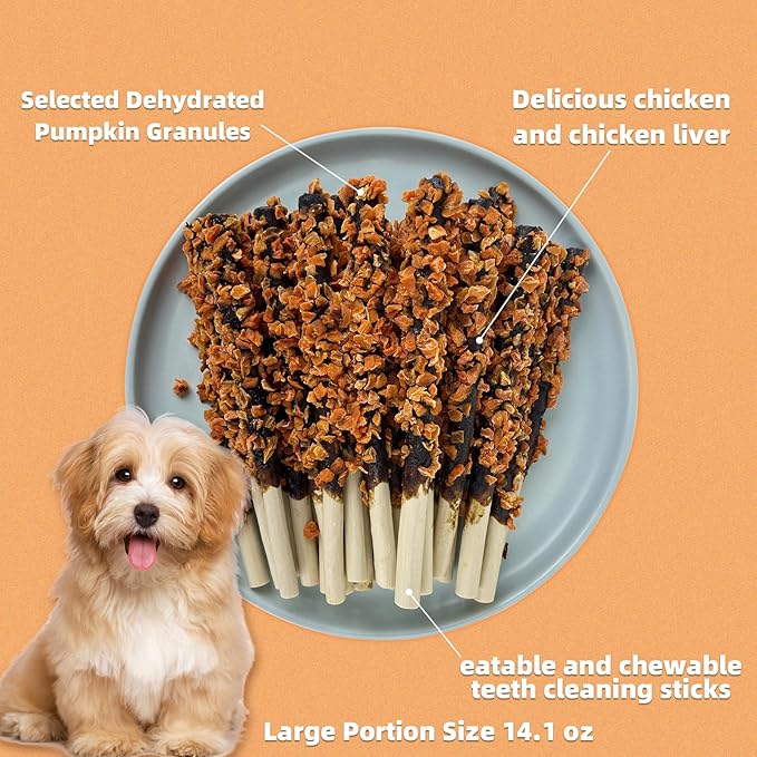 Chicken Wrapped Sticks Pumpkin Dog Treats,14.1oz Rawhide Free Natural Dental Chews,Dog Training Treats, Teeth Cleaning