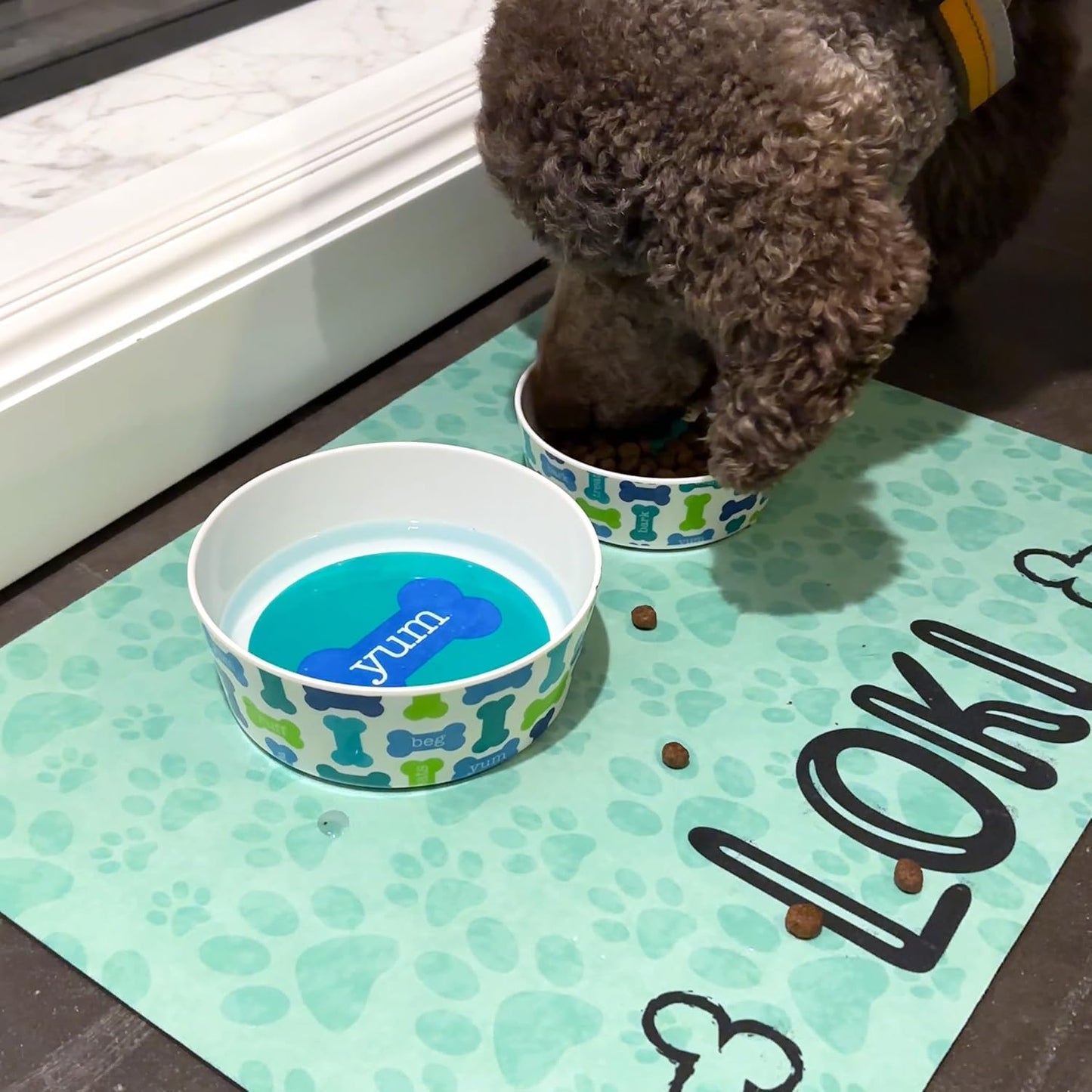 Personalized Dog Bowl Mats for floors - Custom Pet Placemat for your pet food bowl and water dish, small pet food mat or large food mat for big dogs, Washable - Made in the USA