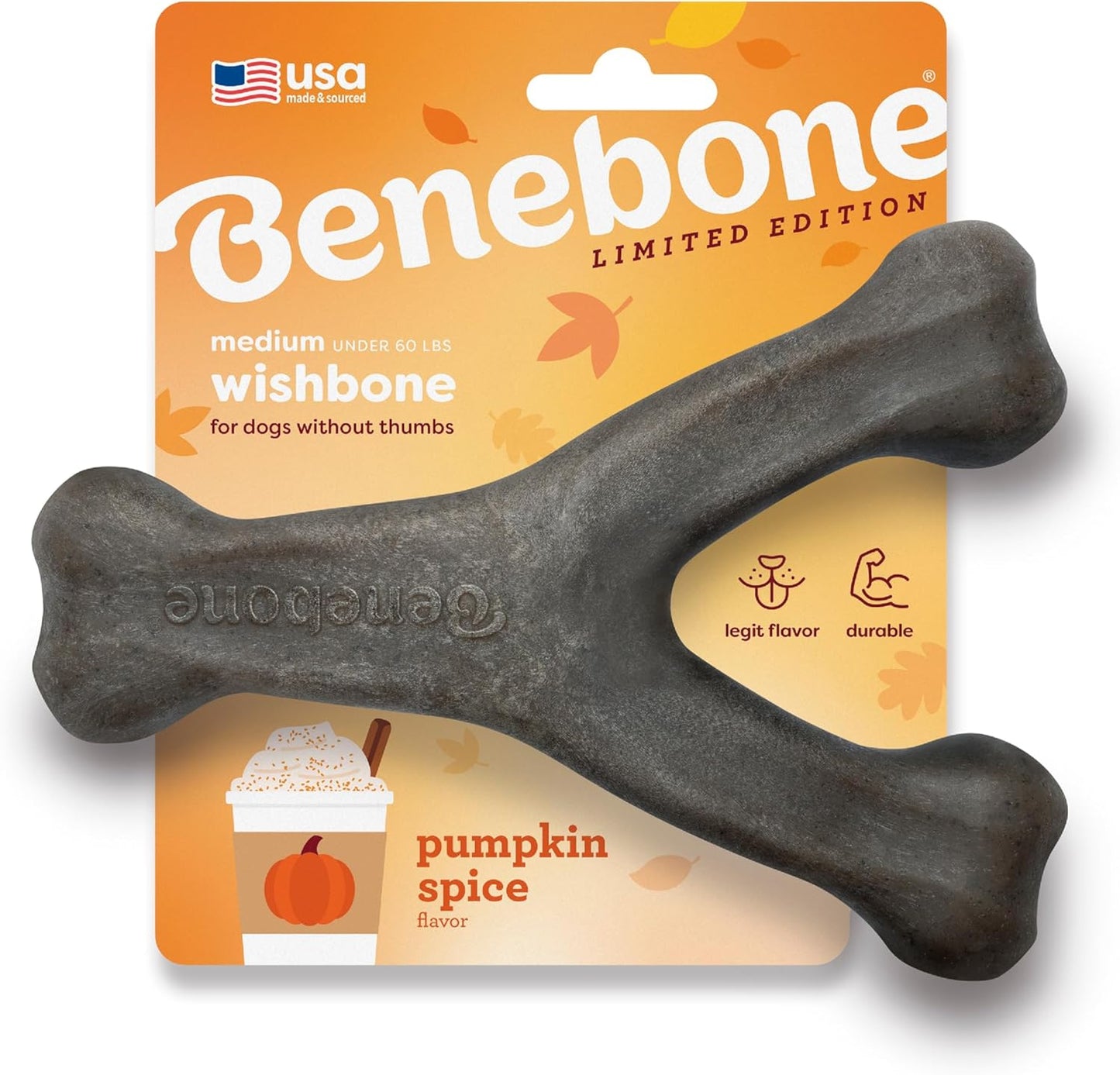 Benebone Pumpkin Spice Wishbone – Limited Edition Flavor, Durable Dog Chew Toy for Aggressive Chewers, Made in USA, Medium