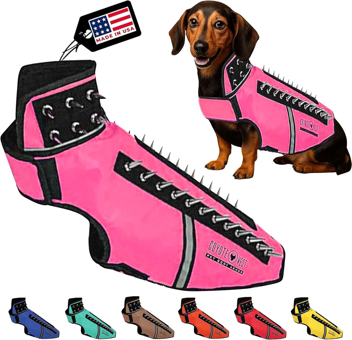 CoyoteVest SpikeVest Dog Harness Vest for Small Dogs, Reflective Dog Vest with Spikes to Shield Your pet from Coyotes, Raptor and Animal Attacks, Anti Hawk Vest, Made in USA (M-Pink)