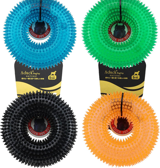 ADUCK Dog Squeaky Chew Toys for Aggressive Chewers, Small Medium Large Dogs Teeth Cleaning Soft Natural Rubber Float Toy for Indoor Outdoor Water Pool, Donut Ring Design 4.92 inch, Pack of 4