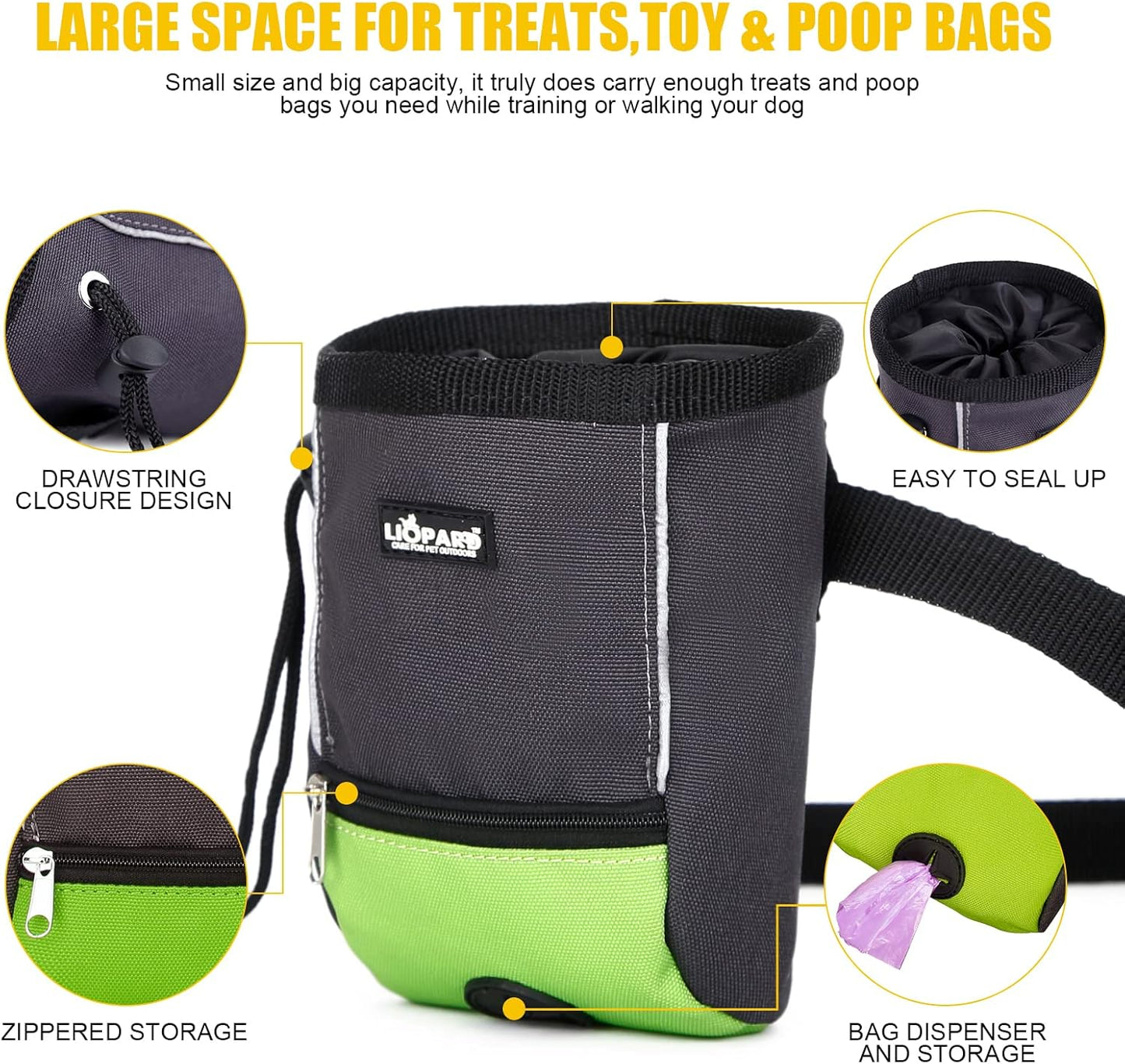LIOPARD Treat Training Pouch for Dogs, Pet Treat Pouch, Dog Treat Pouches, Dog Treat Bag, Dog Training Treat Bag, Slanted Opening, Ideal for Dog Walking & Training (Green)