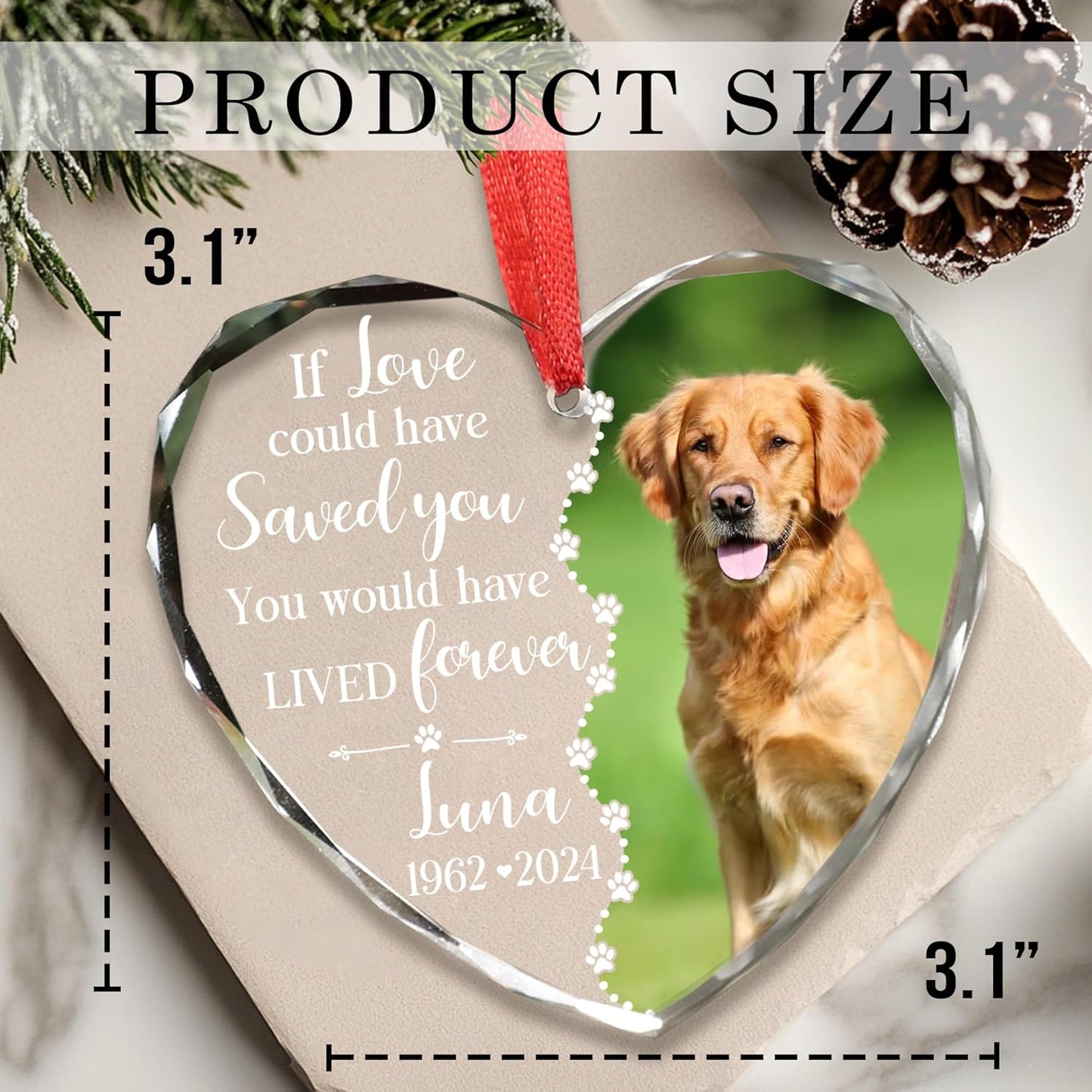Personalized Wings Memorial Dog Christmas Ornaments - Forever in Our Hearts Acrylic Ornament for Your Loss Pet - Custom Photo, Name, Years (Memorial Cat Glass Heart)