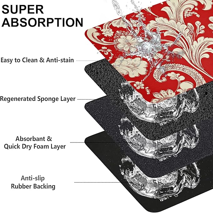 Red White Paisley Dog Food Mat-Absorbent Pet Feeding Mat for Food and Water Bowl, Quick Dry Dog Placemat with Rubber Backing-No Stains Pet Supplies for Messy Drinkers 12"x20"