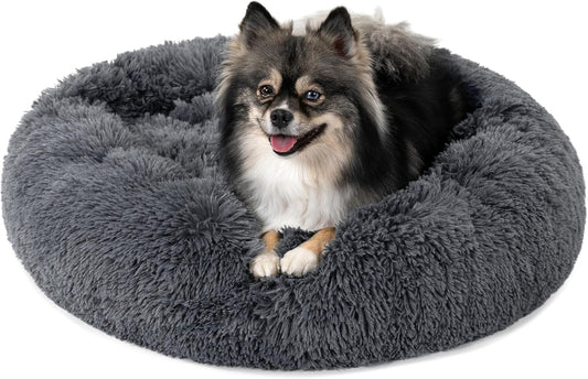 PetAmi Calming Dog Bed for Small Medium Dog Cat, Round Donut Washable, Fluffy Faux Fur Plush Cuddler Pet Kitten Cushion, Anti-Slip, Fits up to 25 lbs, 23 inch, Dark Gray