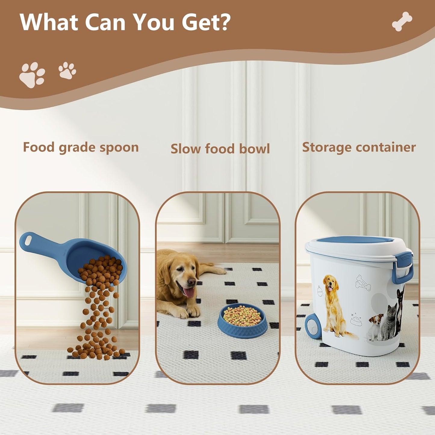 Pet Food Storage Container with Wheels Resin 40LB Capacity Dog Food Container with Slow Feeder Bowl and Scoop Easy to Move to Keep Food Fresh for Dogs, Cats, Birds