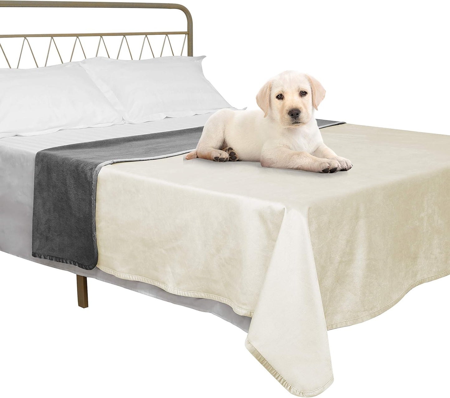 Ameritex Pet Bed Blanket Reversible 100% Waterproof Velvet Super Soft for Sofa and Bed (82x102 Inches, Cream+Grey)