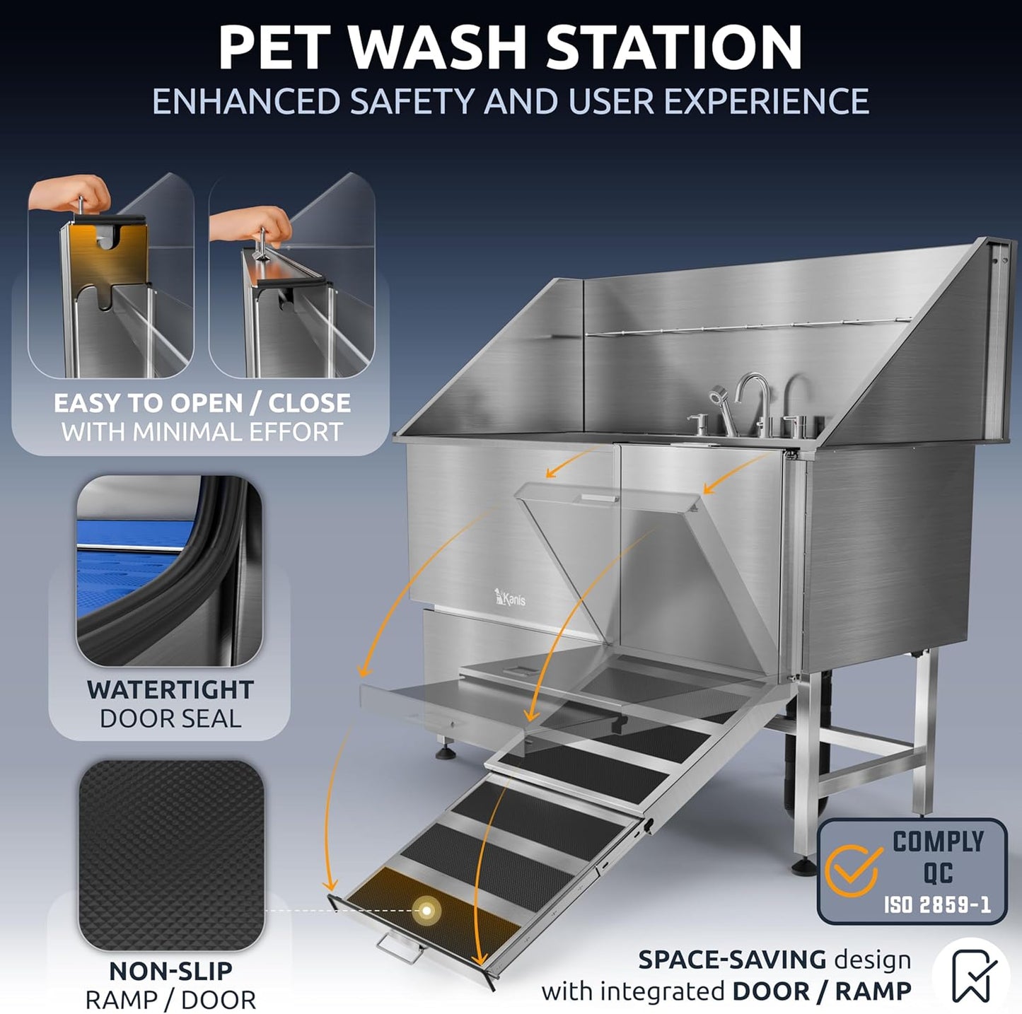KANIS Professional Dog Washing Station - 304 Stainless Steel Pet Wash Sink & Grooming Bath Tub for Home with Ramp, Shower, Floor Grate, Storage Drawer, Faucet, Drain Kit for Large, Medium & Small Pets