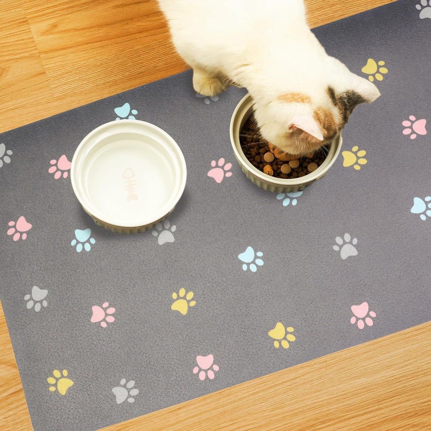 Cat Food Mat Absorbent Dog Mat for Food and Water Non Slip Quick Dry Dog Bowl Mats for Floors 24" X 16" Paw Light Gray