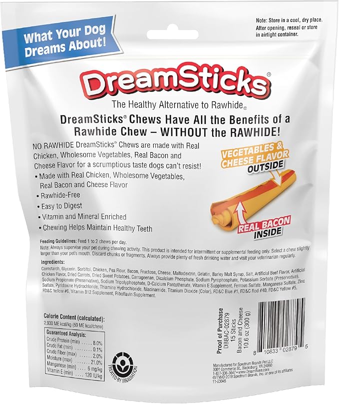 DreamBone DreamSticks with Real Bacon and Cheese Flavor, Rawhide Free Dog Chew Sticks 15 Sticks
