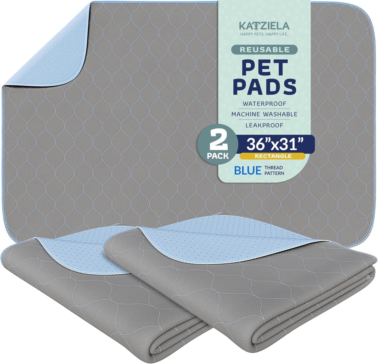 Katziela Washable Pet Pads (2 Pack 36in x 31in) Super Absorbent Waterproof Reusable Dog Pee Pads for Dogs Washable Puppy Pads for Potty Training Housebreaking Washable Pee Pads for Dogs Blue Stitching