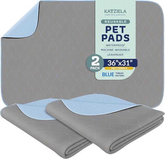 Katziela Washable Pet Pads (2 Pack 36in x 31in) Super Absorbent Waterproof Reusable Dog Pee Pads for Dogs Washable Puppy Pads for Potty Training Housebreaking Washable Pee Pads for Dogs Blue Stitching