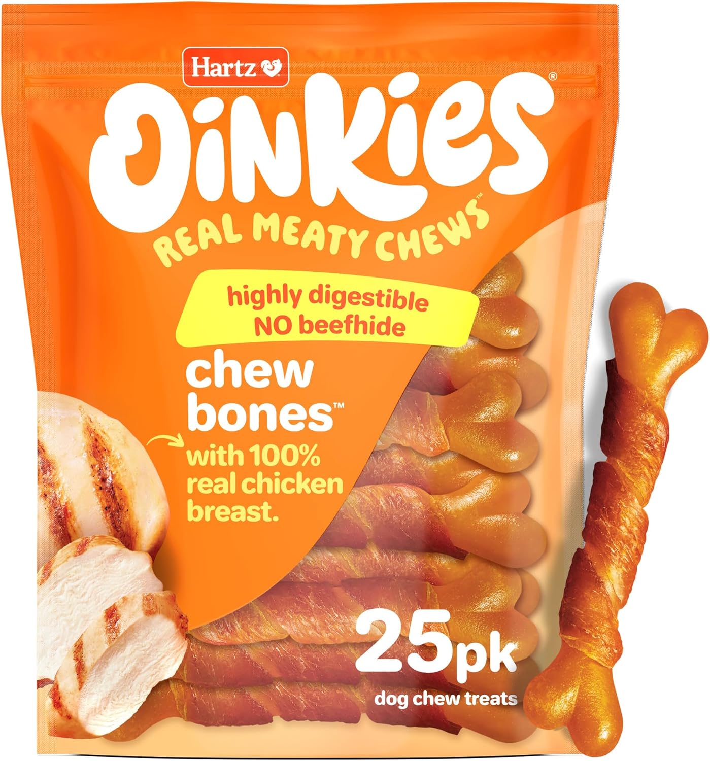 Hartz Oinkies Chew Bones with Real Chicken Breast, Rawhide Free Dog Treats, Highly Digestible Dog Chews, 25 Count