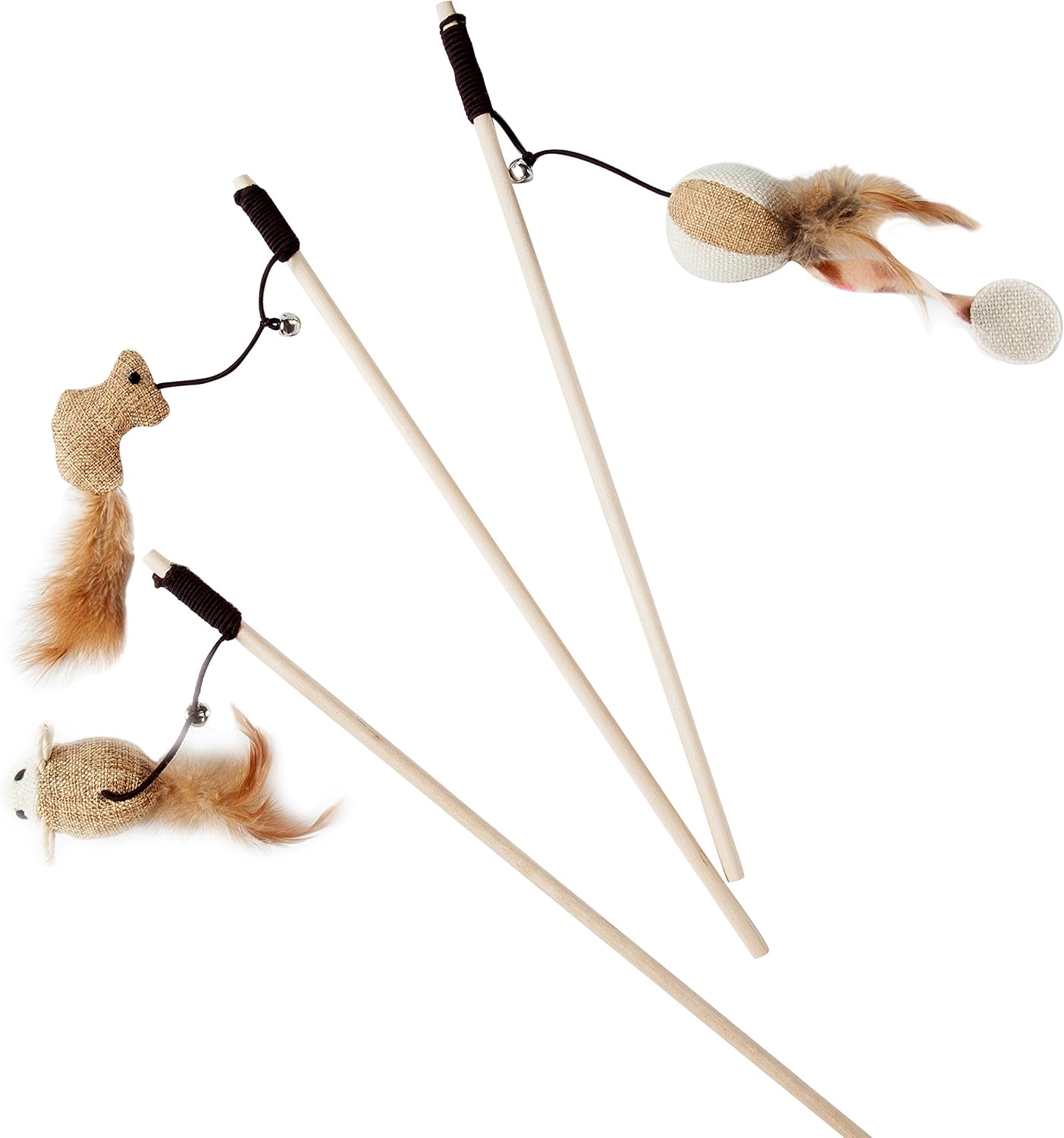 Cat Teaser Cat Kitten Toys Set Natural Sisal Wand Teasers with Mouse, Bell, Feather, Elastic String, and Sturdy Wood Rod