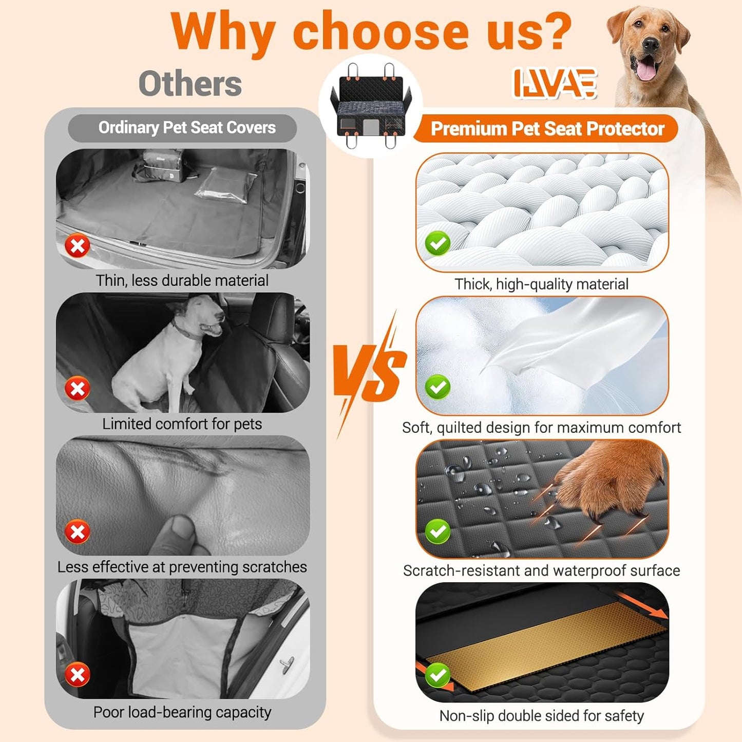 Hard Bottom Car Seat Cover for Dog swith Removable Soft Blankets,Scratch-Proof and Anti-Slip Car Dog Hammock for Large Dogs Brown for Car, SUV