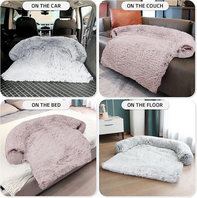 GGIB Calming Dog Bed Fluffy Plush Dog Mat for Furniture Protector with Removable Washable Cover for Large Medium Small Dogs and Cats (Medium, Rust White)