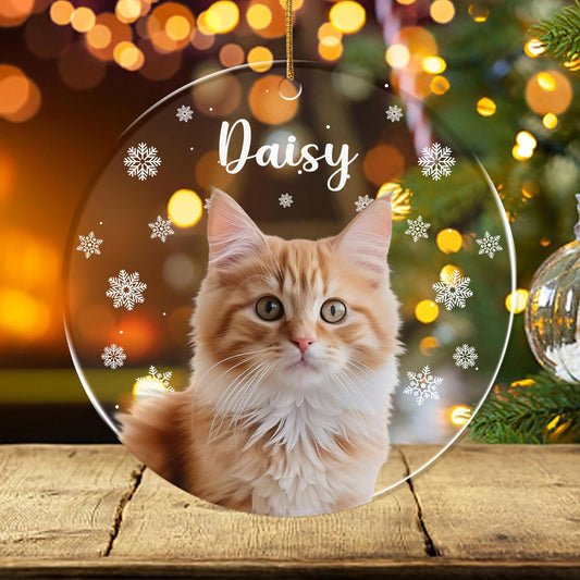FLOCHIL Personalized Cat Christmas Ornaments Custom Photo Name for Christmas Trees, Cat First Christmas Ornaments, Gifts for Pet Lovers Acrylic Ornament