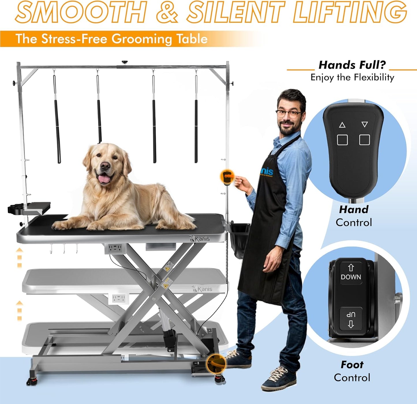KANIS Professional Electric Dog Grooming Table - Heavy Duty, Height Adjustable Pet Grooming Table w/Leveling Wheels, Grooming Arm, Anti Slip Tabletop & Tool Organizer/Dog Grooming Station (49", Grey)