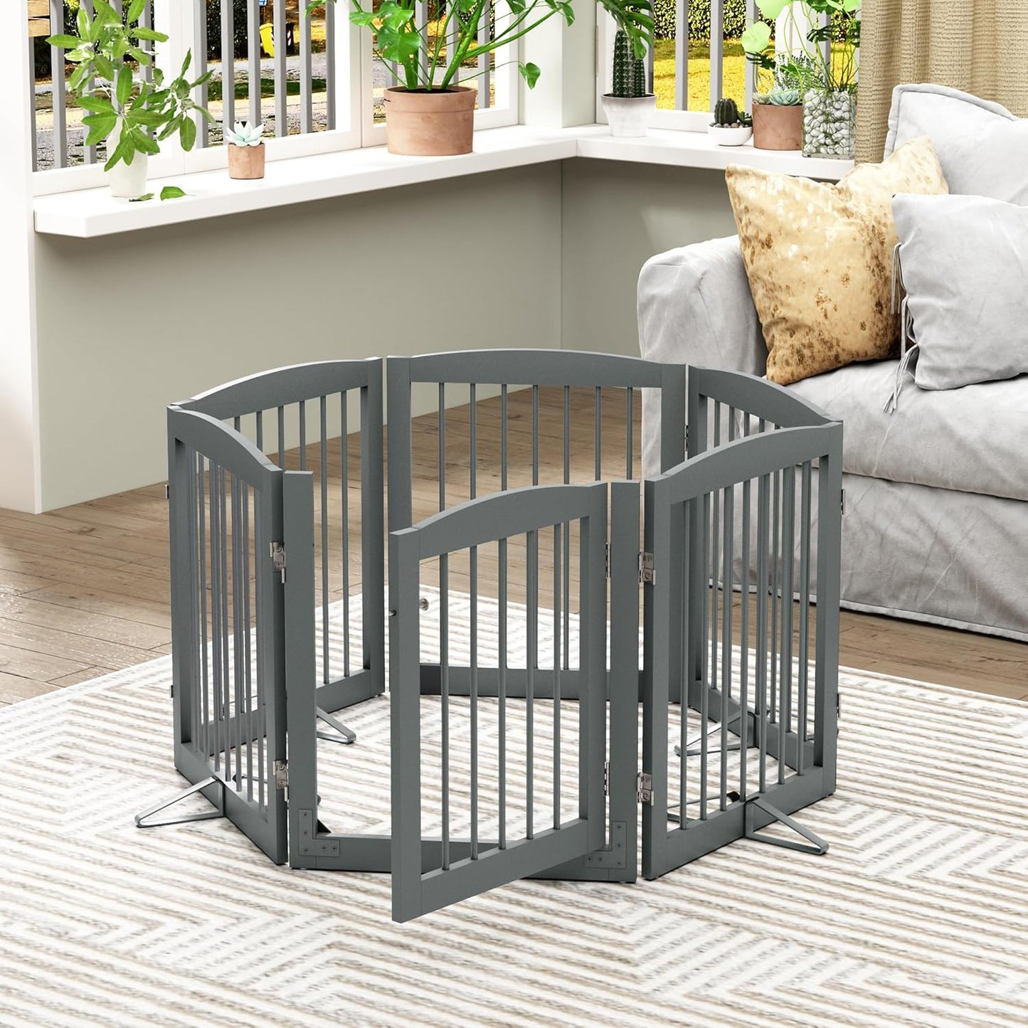 Freestanding Pet Gates with Walk Through Door, Dog Indoor Fence, Dog Gate for The House, Doorway, Stairs, Extra Wide Pet Gate, Support Feet Included, 120 Inch Wide, 6 Panels 24" Tall, Gray