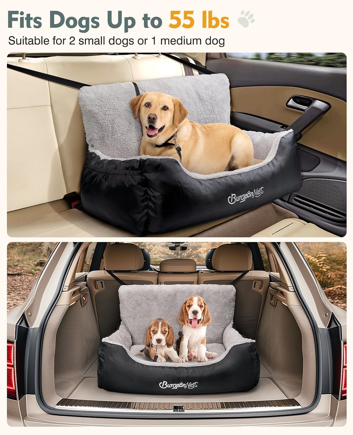 BurgeonNest Dog Car Seat for Medium/Large Dogs Under 55 lbs, Soft Pet Car Travel Home Bed, Fully Detachable and Washable Booster Carseats with Storage Pockets and Clip-On Leash Portable Carrier,Black