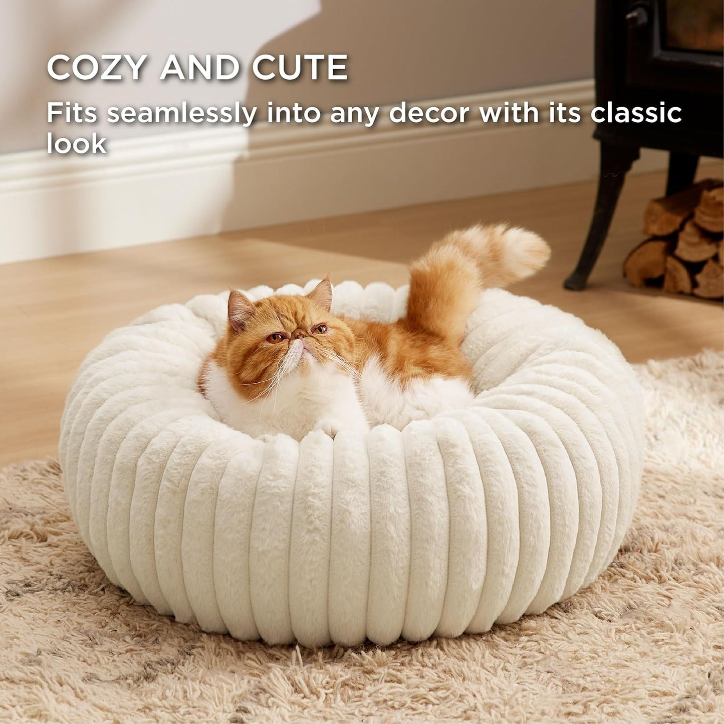 Bedsure Cat beds for Indoor Cats - Donut Dog Beds for Small Dogs with Corduroy Fleece & Anti Slip Bottom, Faux Fur Pet Beds with Washable Removable Cover, Cream, 20x20x6 inches