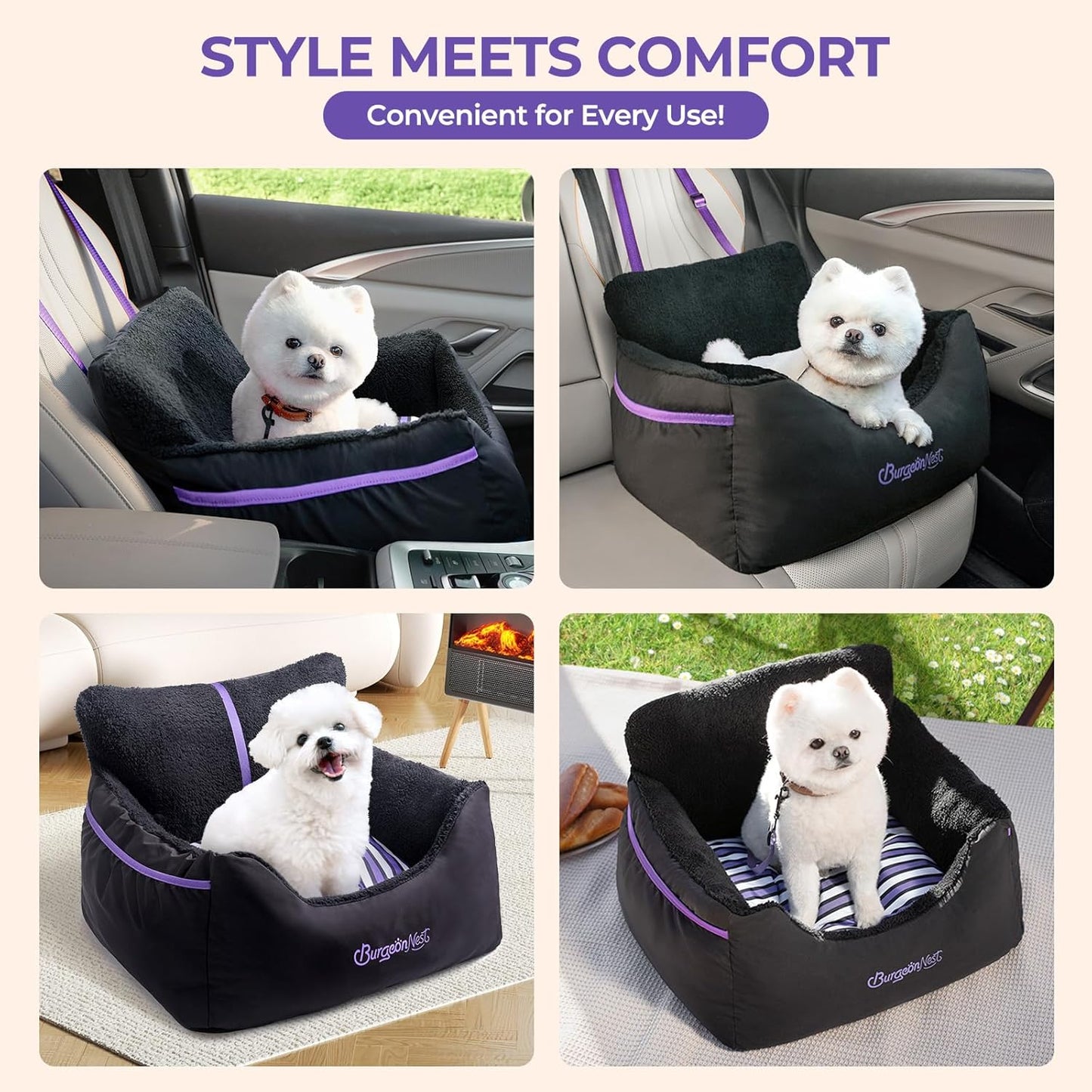 BurgeonNest Dog Car Seat for Small Dogs, Detachable and Washable Cat Carseats Under 25 lbs, Soft Pet Booster Seats with Storage Pockets and Clip-On Leash Portable Car Travel Carrier Bed, Black Purple