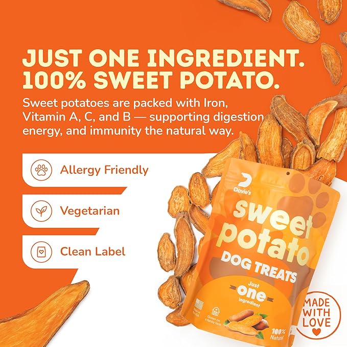 Davie's Sweet Potato Dog Treats - Healthy, Natural, Low Fat Chews Made in USA - 1 lb Bag, Pack of 2