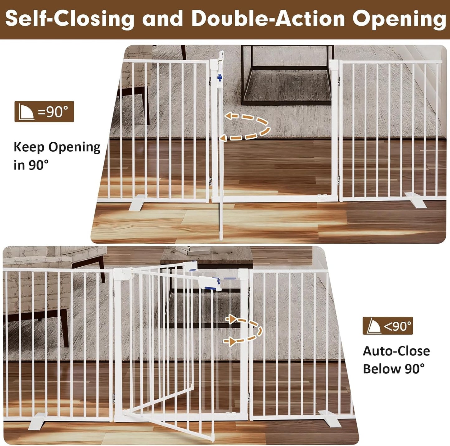 104" Dog Gate Extra Wide, Heavy Duty Metal Freestanding Dog Gate with Door for Indoor & Outdoor, Foldable Pet Fence for Doorways,House,Porch,Deck,Yard,Stairs, Auto Close(4 Panels,White)