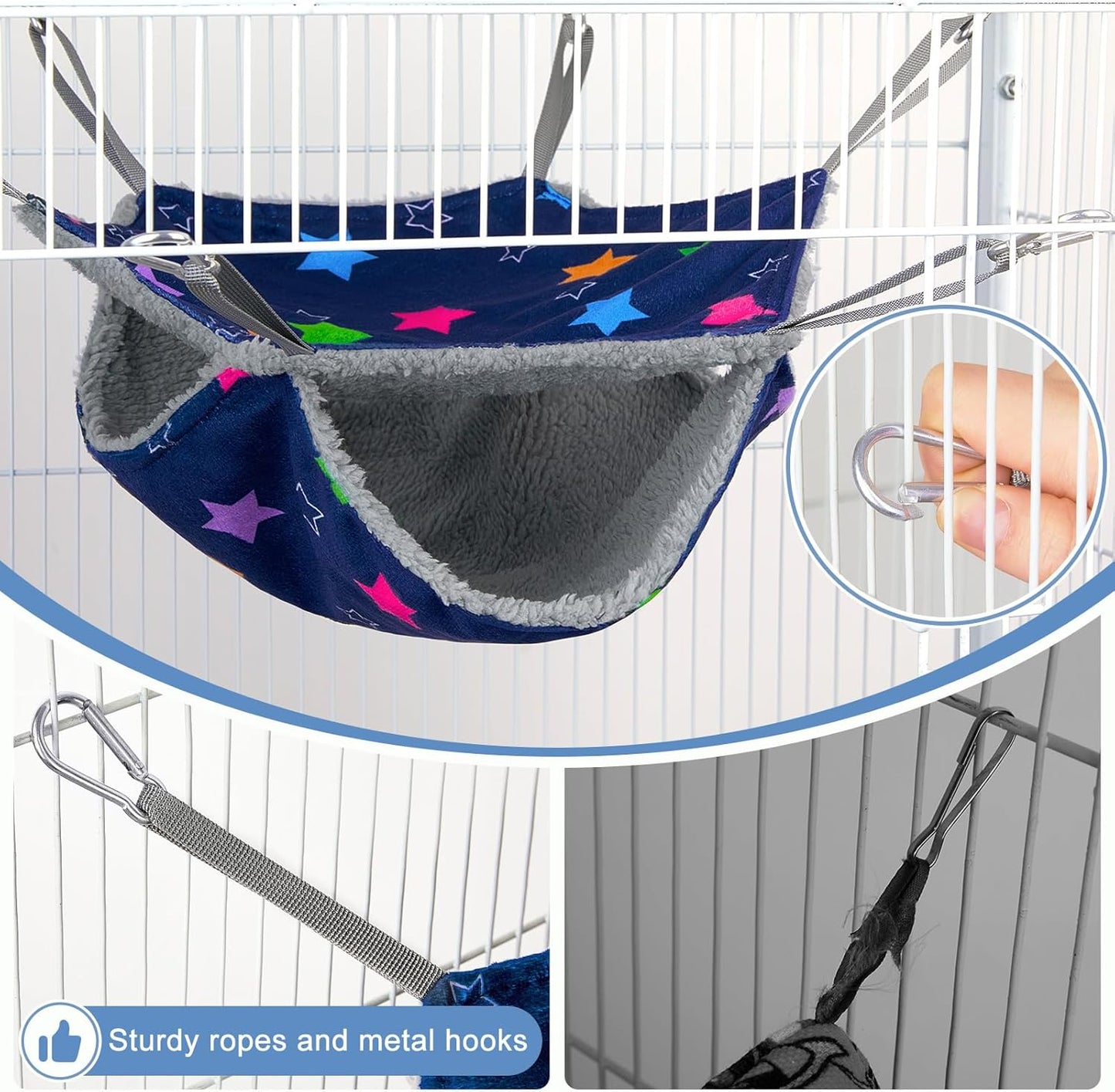Bienbee 2 Pcs Ferret Rat Hammock Set for Cage Washable Guinea Pig Hideout Bed Soft Small Animal Hammock Tunnel Toys Ferret Cage Accessories for Hedgehog Sugar Glider Squirrel Hamster, Blue Stars