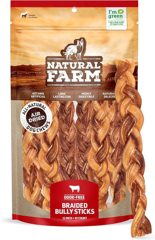 Natural Farm Odor-Free Braided Bully Sticks (12 Inch, 10 Pack) - 100% Grass-Fed Beef, Grain-Free, Low Fat & Fully Digestible Best Dental Treats - Safest Long Lasting Pizzle Chews to Keep Your Dog Busy