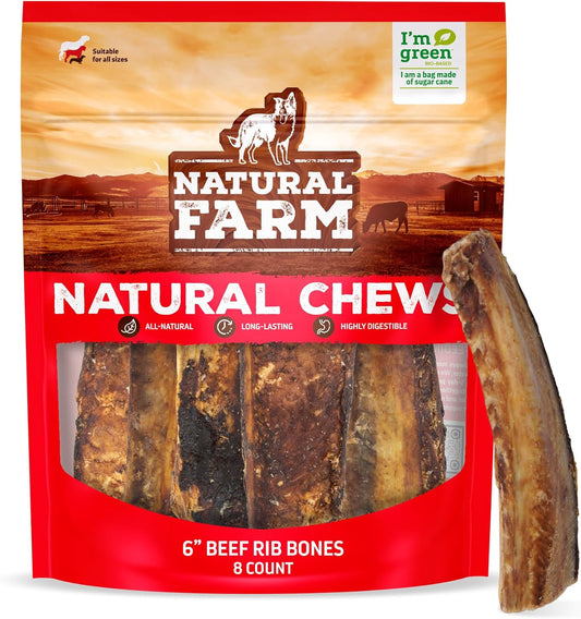 Natural Farm Rib Bones for Dogs (6 Inch, 8 Pack) - Beef Ribs for Dogs, Farm-Raised Cattle - Slow-Roasted Flavor - Low Odor for Indoor, Outdoor Chewing - Promotes Dental Health