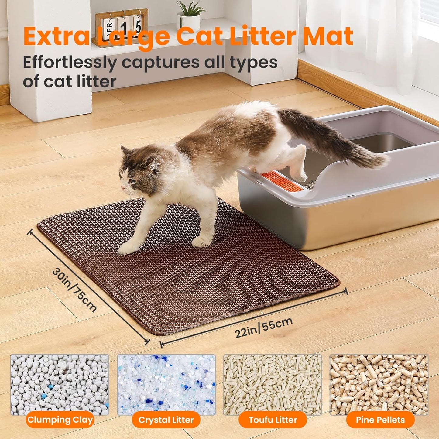 Extra Large Cat Litter Mat, 30x22 Inches Honeycomb Double Layer Cat Litter Trapping Mat, Non Slip Waterproof Urine Proof Large Kitty Litter Box Mat for Floor, Kitten Supplies, XL, Brown