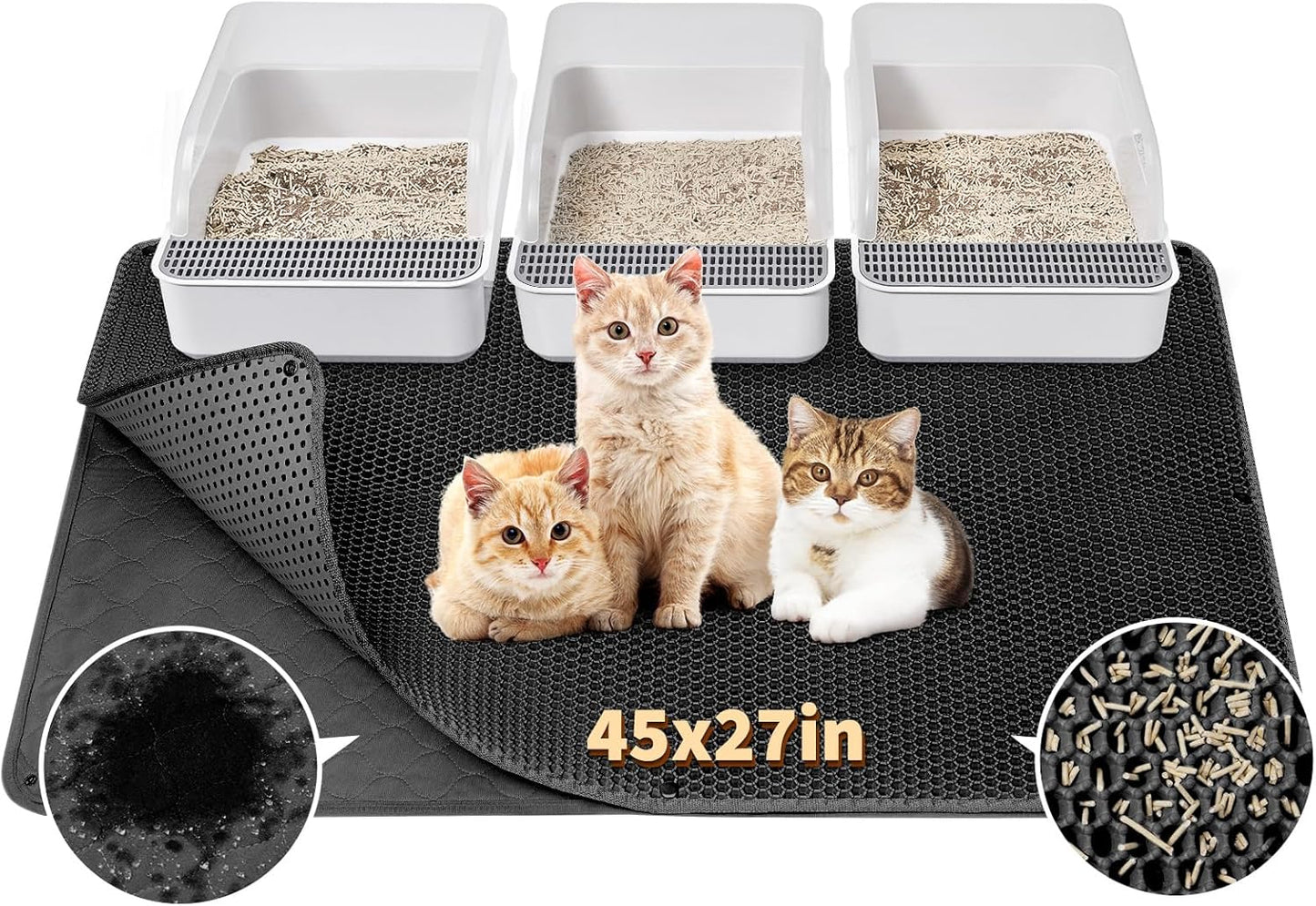 Fostanfly Cat Litter Mat, 45"x 27" Kitty Litter Trapping Mat, Extra Large XL Honeycomb Scatter Control, Urine & Waterproof, Machine Washable, Black