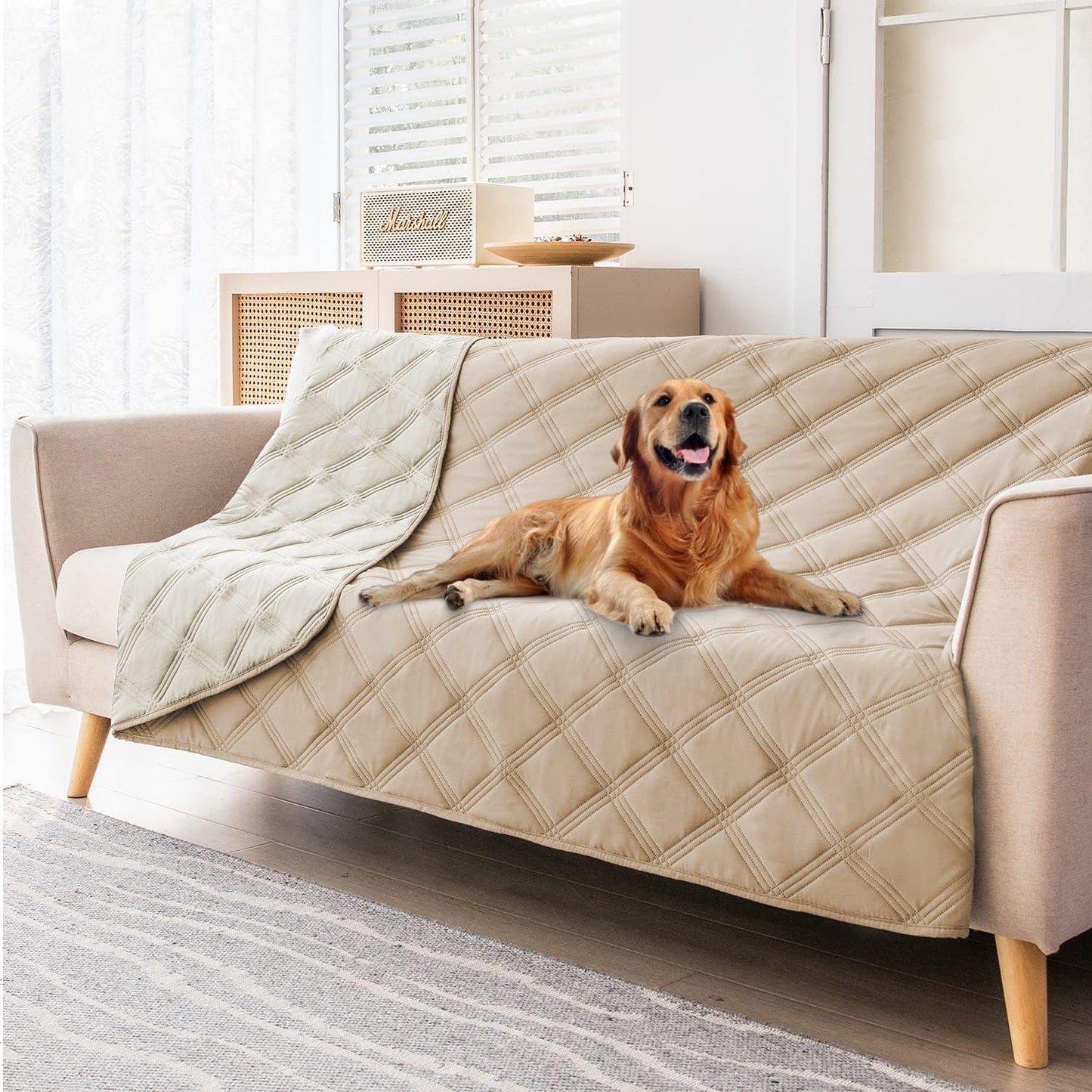 fuguitex Waterproof Dog Blanket, Pet Friendly Reversible Throw Essential for Small Dogs, Tear Resistant Leakproof Washable Couch Cushion Bed Protector Cover for Indoor Furniture（82"*82",Beige+Cream