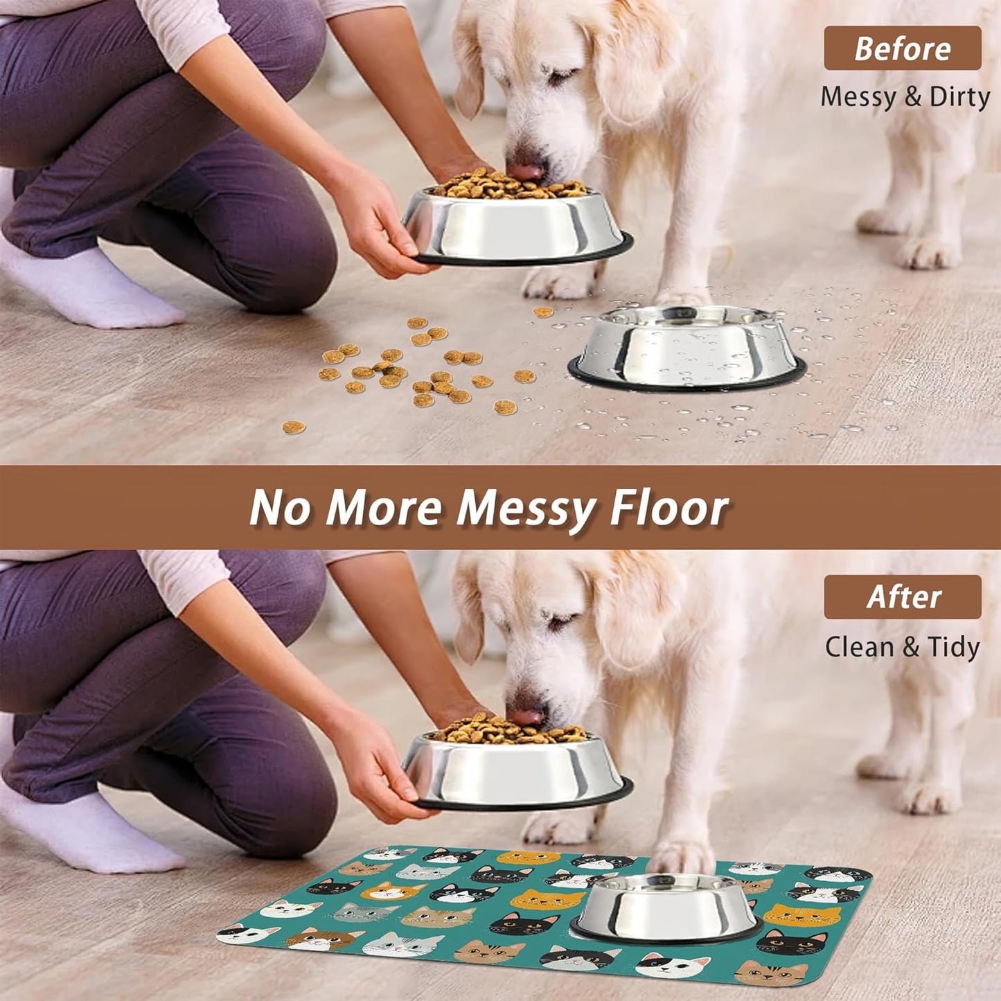 Cute Cat Dog Food Mat,Absorbent Pet Feeding Mat with Rubber Backing,Non-Slip Water Bowl Placemat,Indoor Pet Accessories Supplies 12"x20"