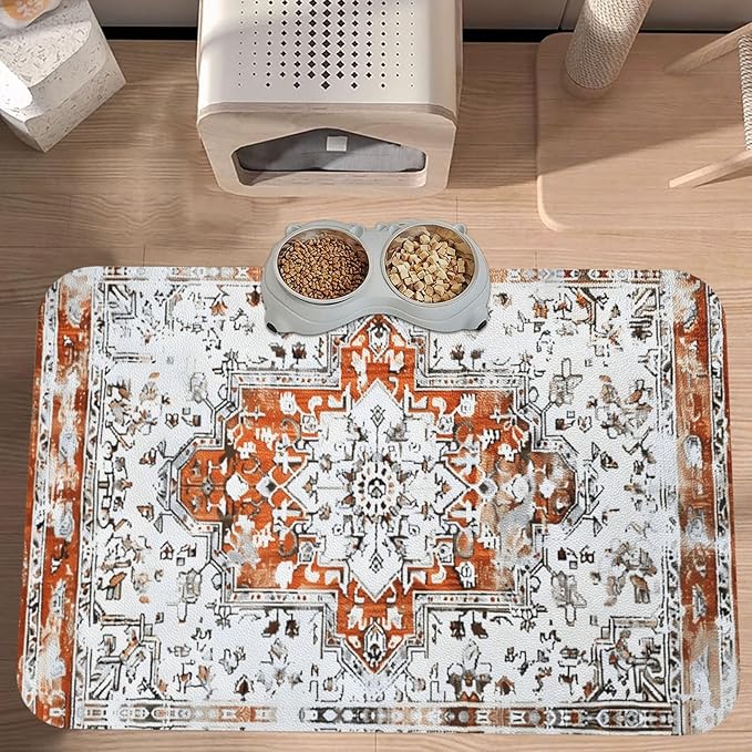Retro Boho Style Dog Food Mat Absorbent Bowl Mats No Stains Quick Dry Waterproof Pet Cat Placemats for Food and Water, 30x45cm