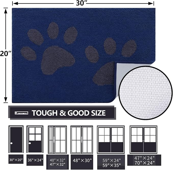 Buganda Dog Door Mat for Muddy Paws, Absorbent Dirt Trapper Washable Indoor Doormats, Non Slip Low-Profile Mud Mat for Dogs, Front Entrance Doormat for Inside Floor (40x32 Inches, Navy)