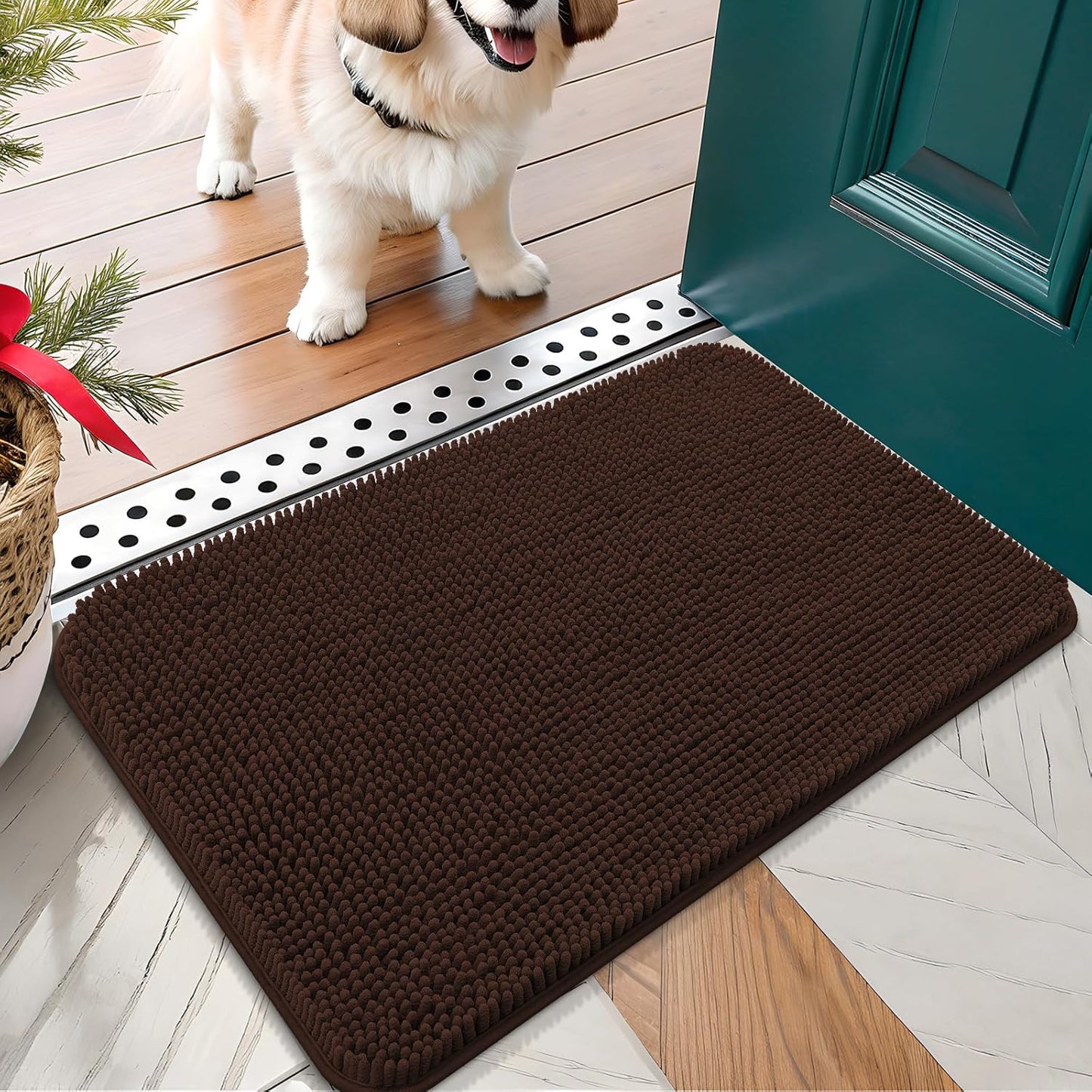 OLANLY Dog Door Mat for Muddy Paws 24x16, Absorbs Moisture and Dirt, Absorbent Non-Slip Washable Doormat, Quick Dry Chenille Mud Mat for Dogs, Entry Indoor Entryway Carpet for Inside Floor, Brown