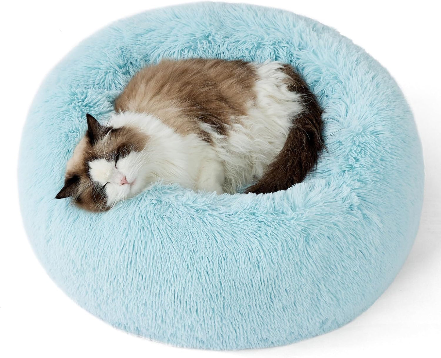 Bedsure Calming Cat Beds for Indoor Cats - Small Cat Bed Washable 20 inches, Anti-Slip Round Fluffy Plush Faux Fur Pet Bed, Fits up to 15 lbs Pets, Aqua Blue