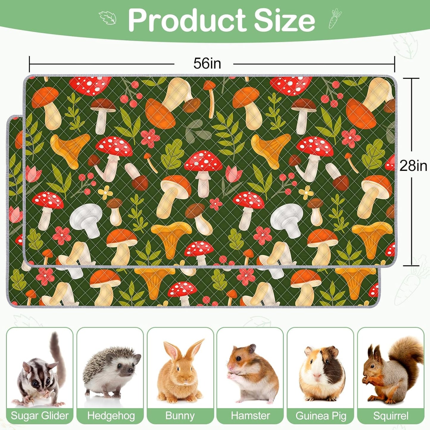 Bienbee Guinea Pig Bedding, 2 Pack 56" x 28" Reusable Guinea Pig Cage Liner Waterproof and Absorbent Small Animal Bedding Washable Guinea Pig Pee Pads for Small Pet Hamster Rabbit Squirrel, Mushroom