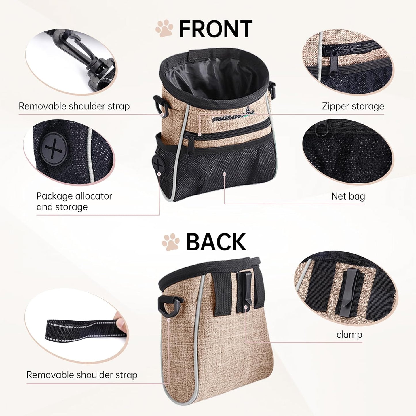 Dog Treat Pouches Training Walking Bag with Shoulder Strap, Large Space for Pets Food, Polyester Fabric, 3-Way Wearing Design, Portable Pet Bagand Easy to Clean (Ginger)