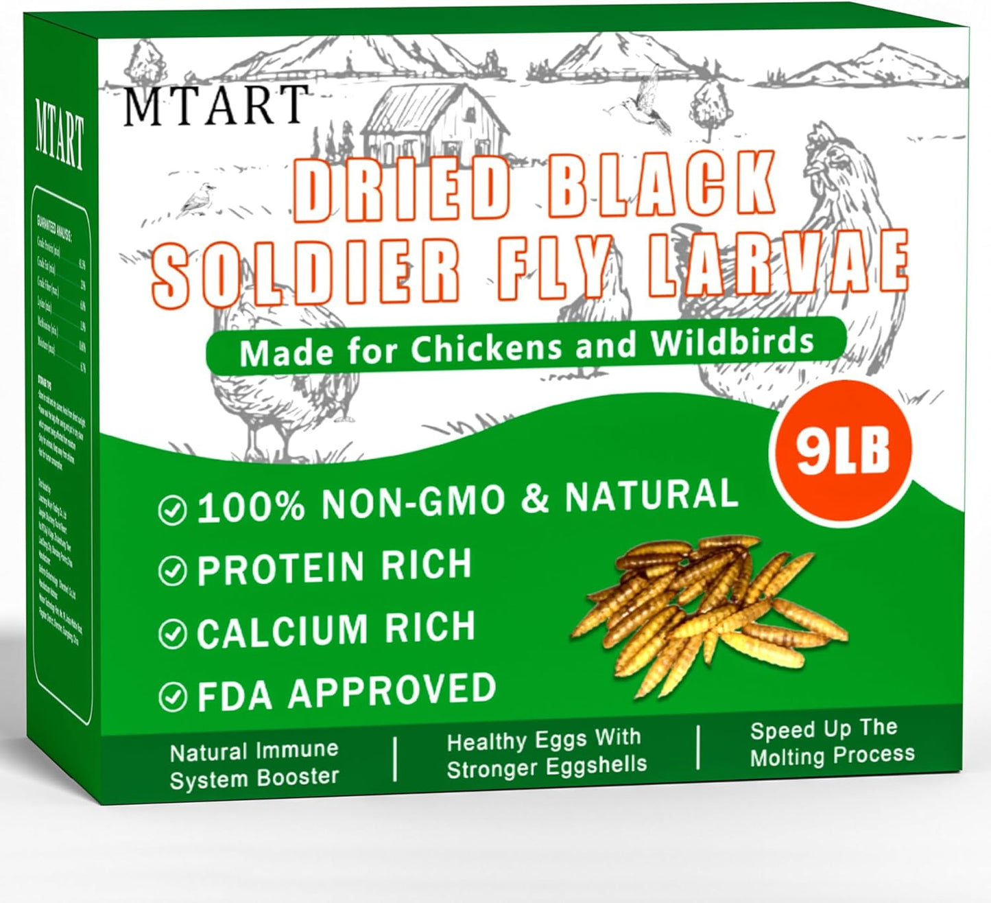 9LB Dried Black Soldier Fly Larvae Treat for Chicken, 100% Natural Non-GMO More Calcium Than Dried Mealworms High Protein Chicken Feed for Birds, Ducks, Layer Hens