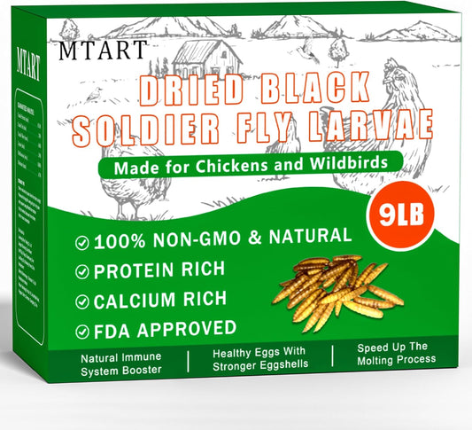 9LB Dried Black Soldier Fly Larvae Treat for Chicken, 100% Natural Non-GMO More Calcium Than Dried Mealworms High Protein Chicken Feed for Birds, Ducks, Layer Hens
