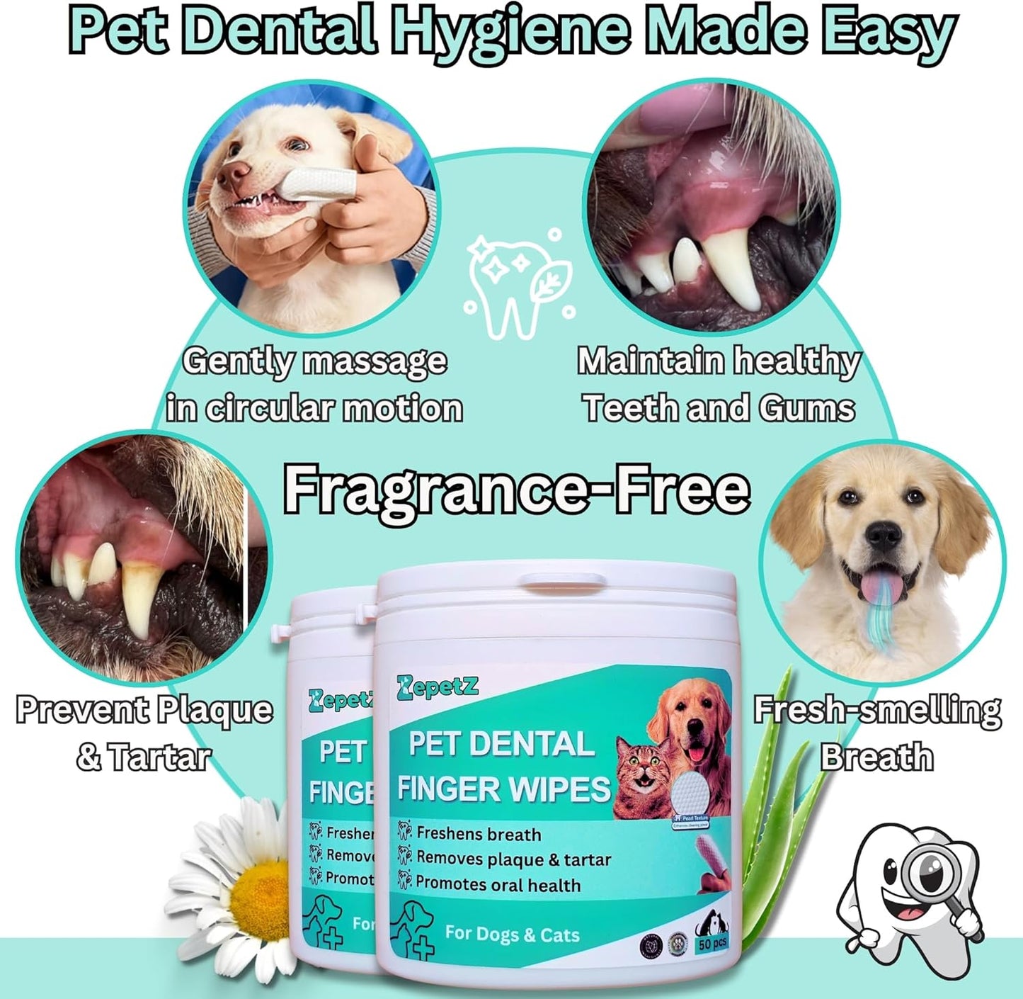 Pet Dental Finger Wipes for Dogs & Cats – Dog Tooth Wipes & Toothbrush Alternative – Easy Teeth Cleaning to Reduce Plaque, Tartar & Bad Breath – Vet-Approved Cat & Dog Oral Care (2 Pack)