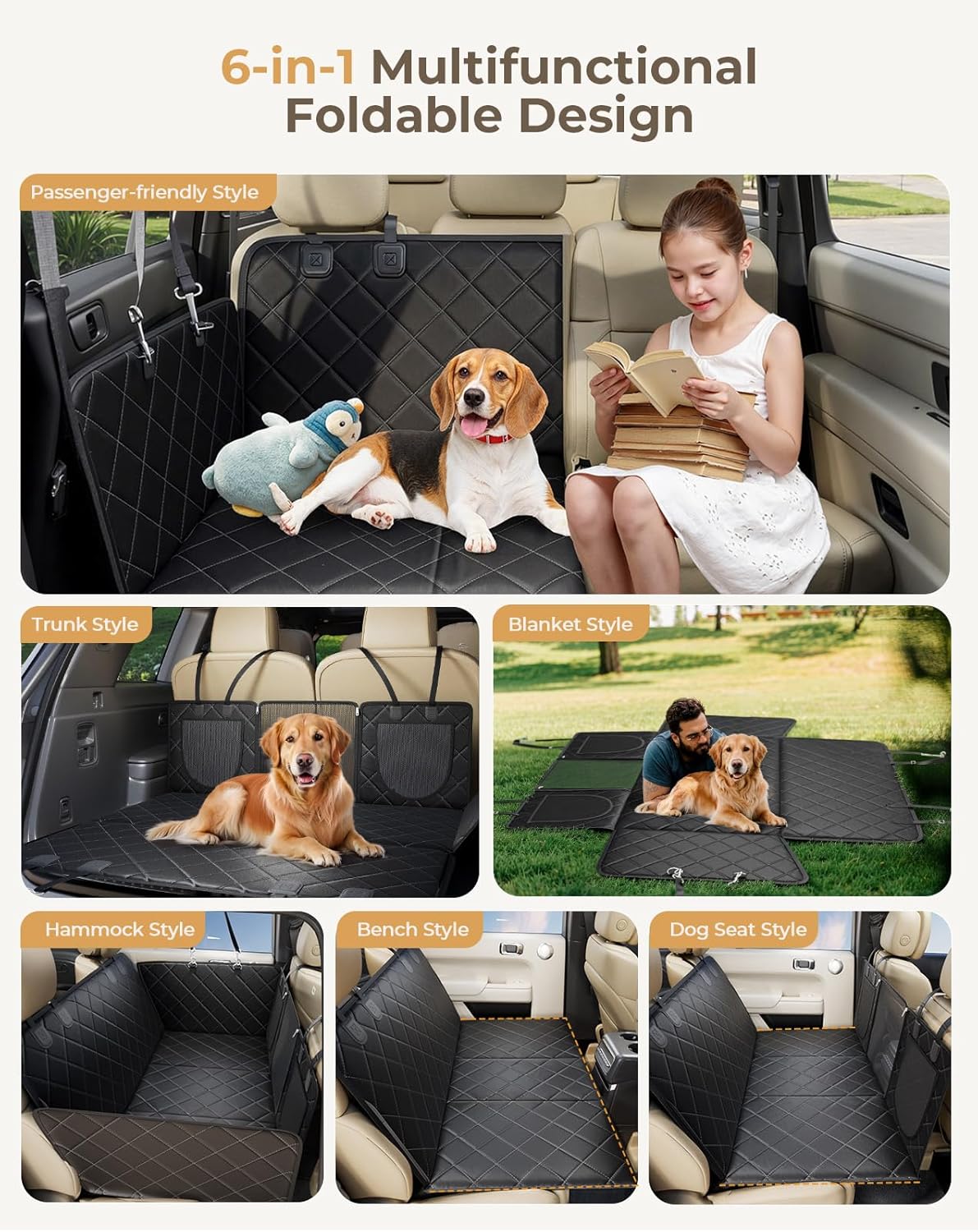 Dog Car Seat Cover for Back Seat Hard Bottom, 600D Waterproof Back Seat Extender, Durable Anti-scratch Nonslip Pet Dog Hammock for Car SUV Truck Travel