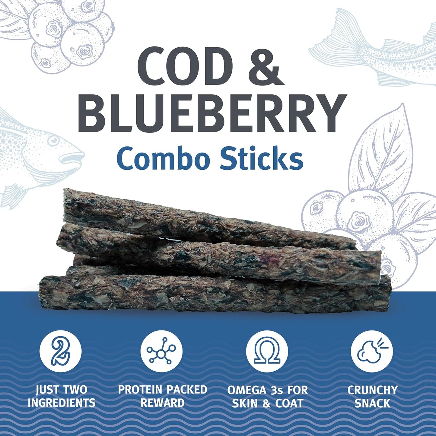 Icelandic+ Combo Sticks: Cod & Blueberry - 2oz - Dog Treats, Crunchy 2 Ingredient Pet Snacks, Preservative Free, Wild Caught Fish, Slow Baked, Natural
