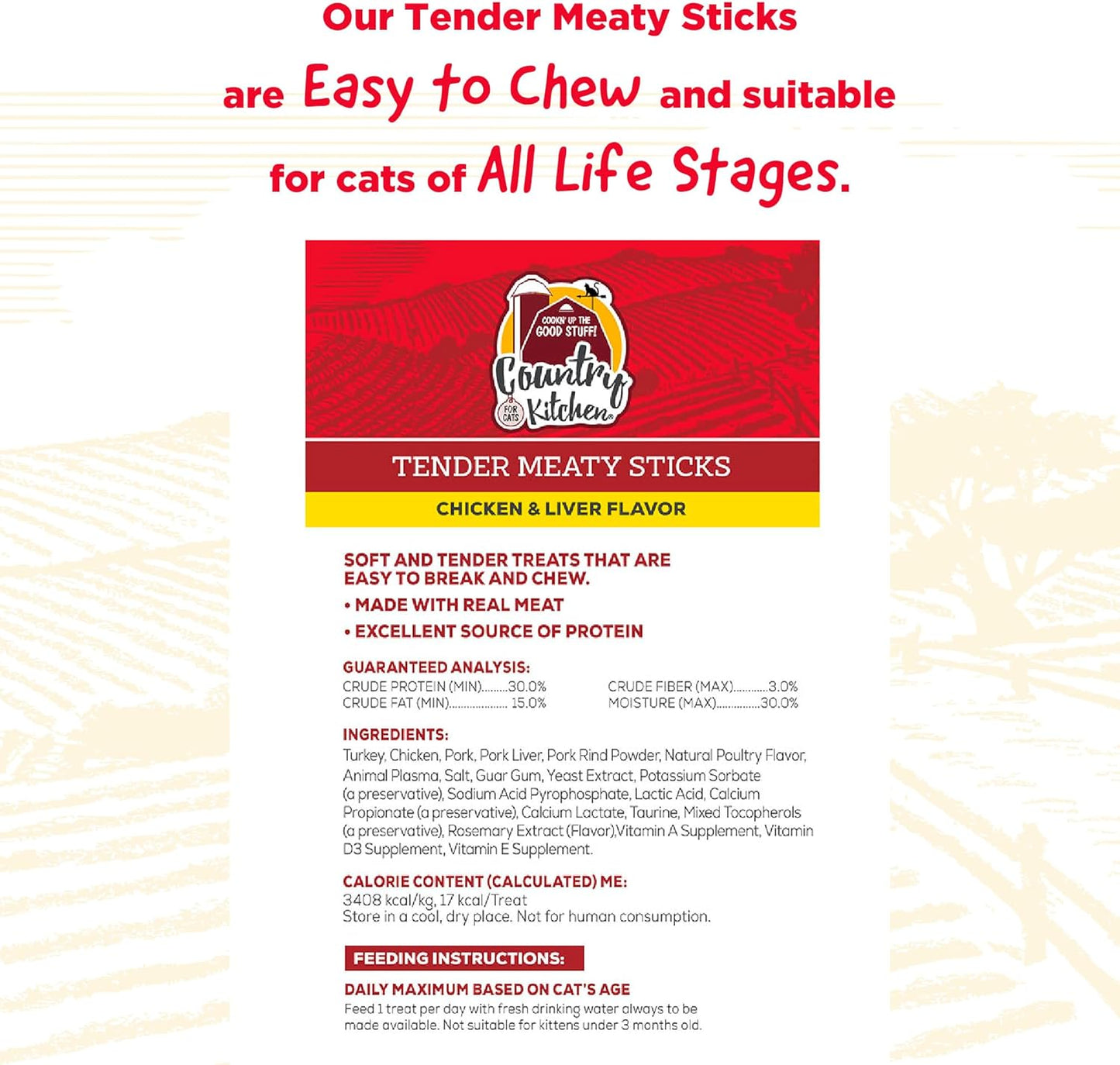 Country Kitchen Chicken & Liver Tender Meaty Sticks Cat Treats, High in Protein, Easy to Break and Chew, 0.88 Oz, 5 Count