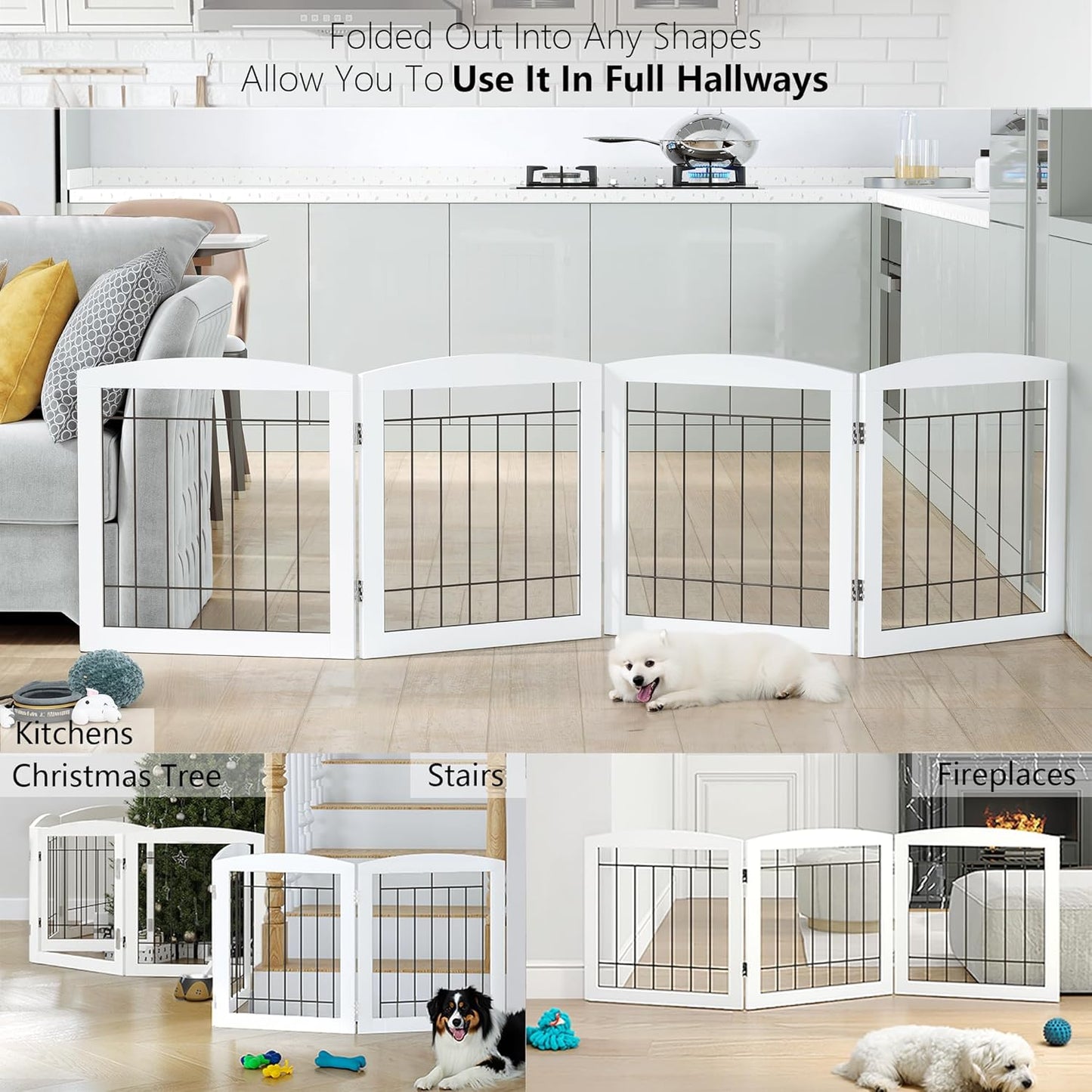 Dog Gate - 4 Panel Foldable Pet Gate Indoor for Doorways, House, Stairs, Freestanding Gate for Dogs - 80x24 -Inch Puppy Safety Fence by PAWLAND, White